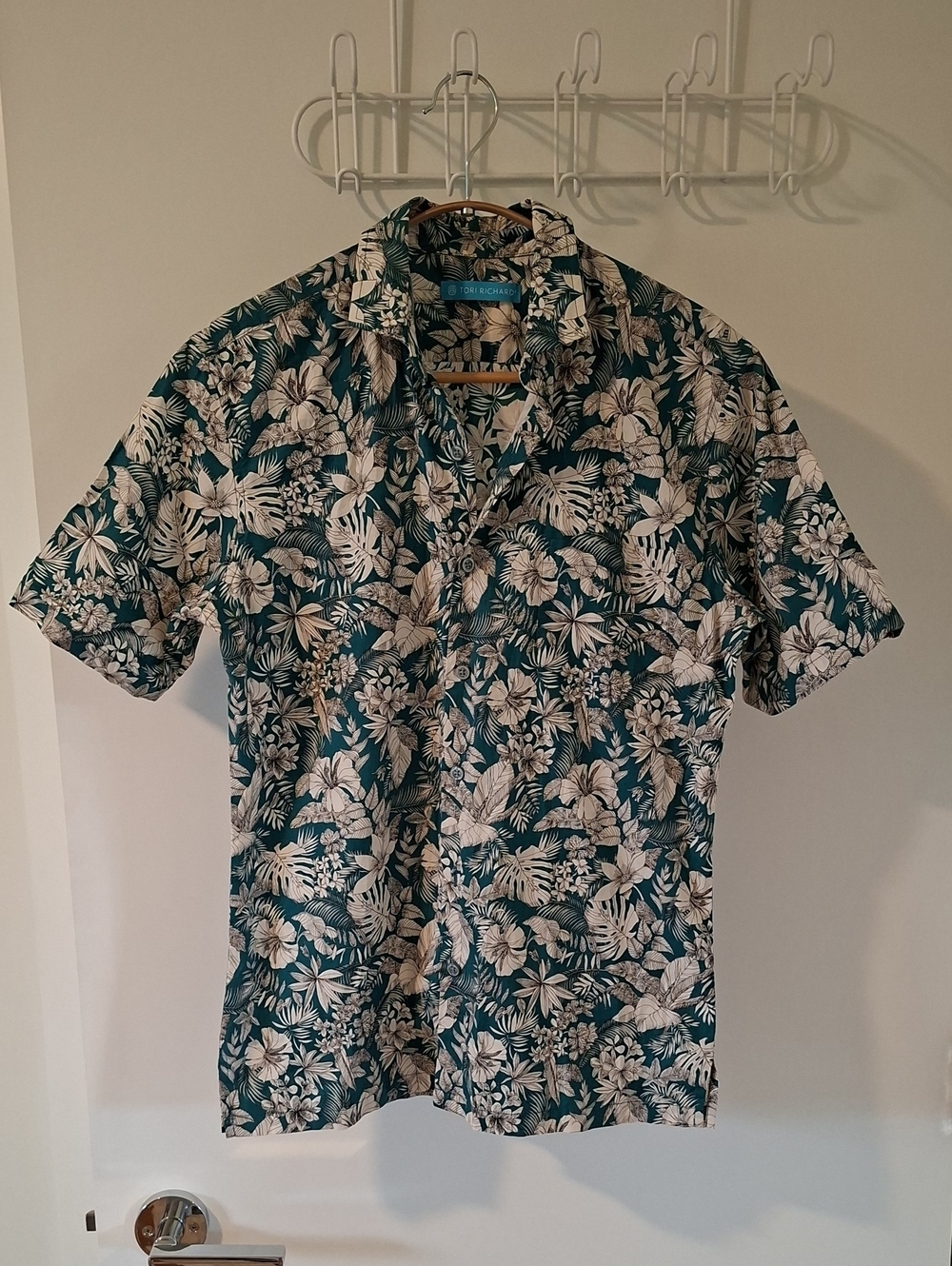 Tori Richard Teal & White Tropical Print 100% Cotton Lawn Resort Shirt (Size XS)